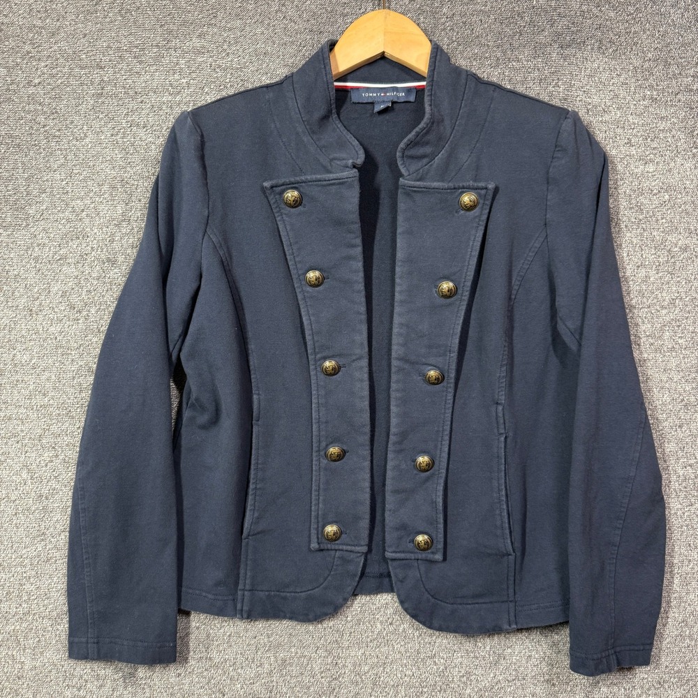 Tommy Hilfiger Womens Navy Blue Military Knit Blazer Gold Button Jacket Size M